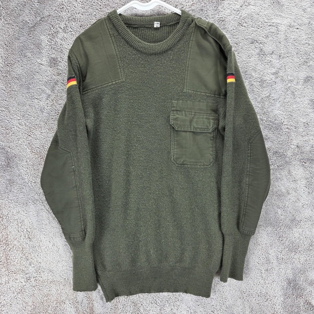 LISS Sweater Mens 50 Green Military Commando Crewneck Pocket German Flag Knit